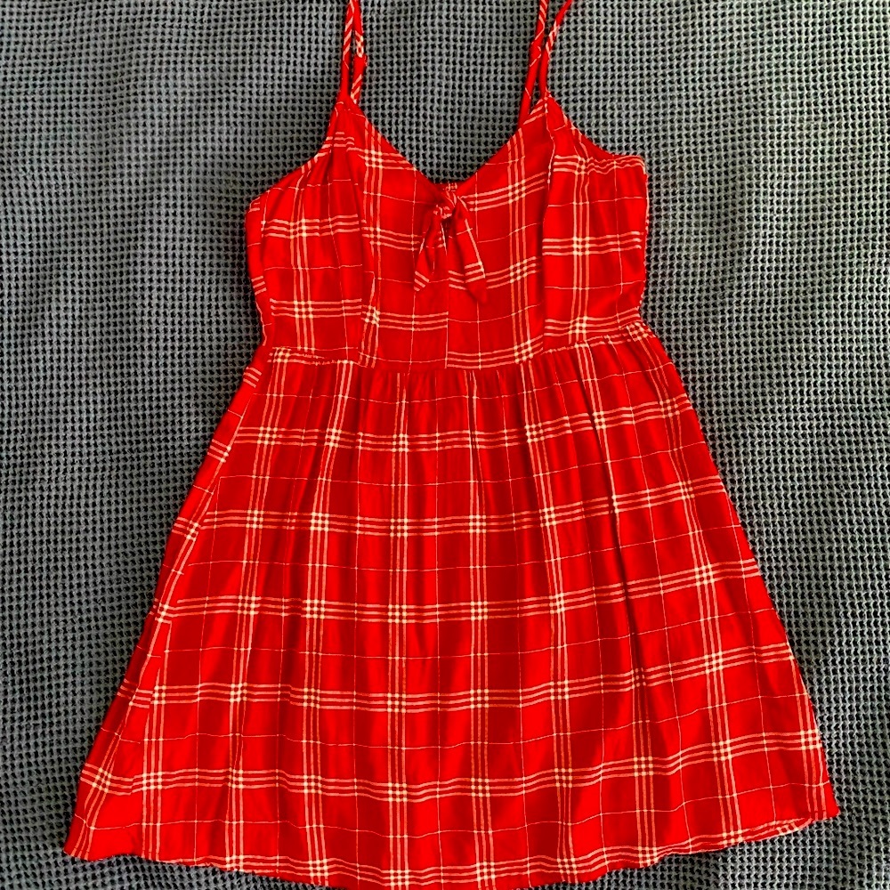 Red plaid dress with keyhole cutout + knot tie